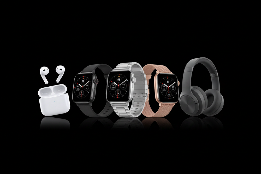 smart watches should have 3 variants and headphones should also nhave 3 variants showing in different angles. the airbuds should be out of the case